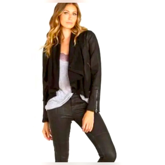 EUC Free People Black Drape Front Coated Denim Moto Jacket - Super Cool - Size 8 - Picture 3 of 7